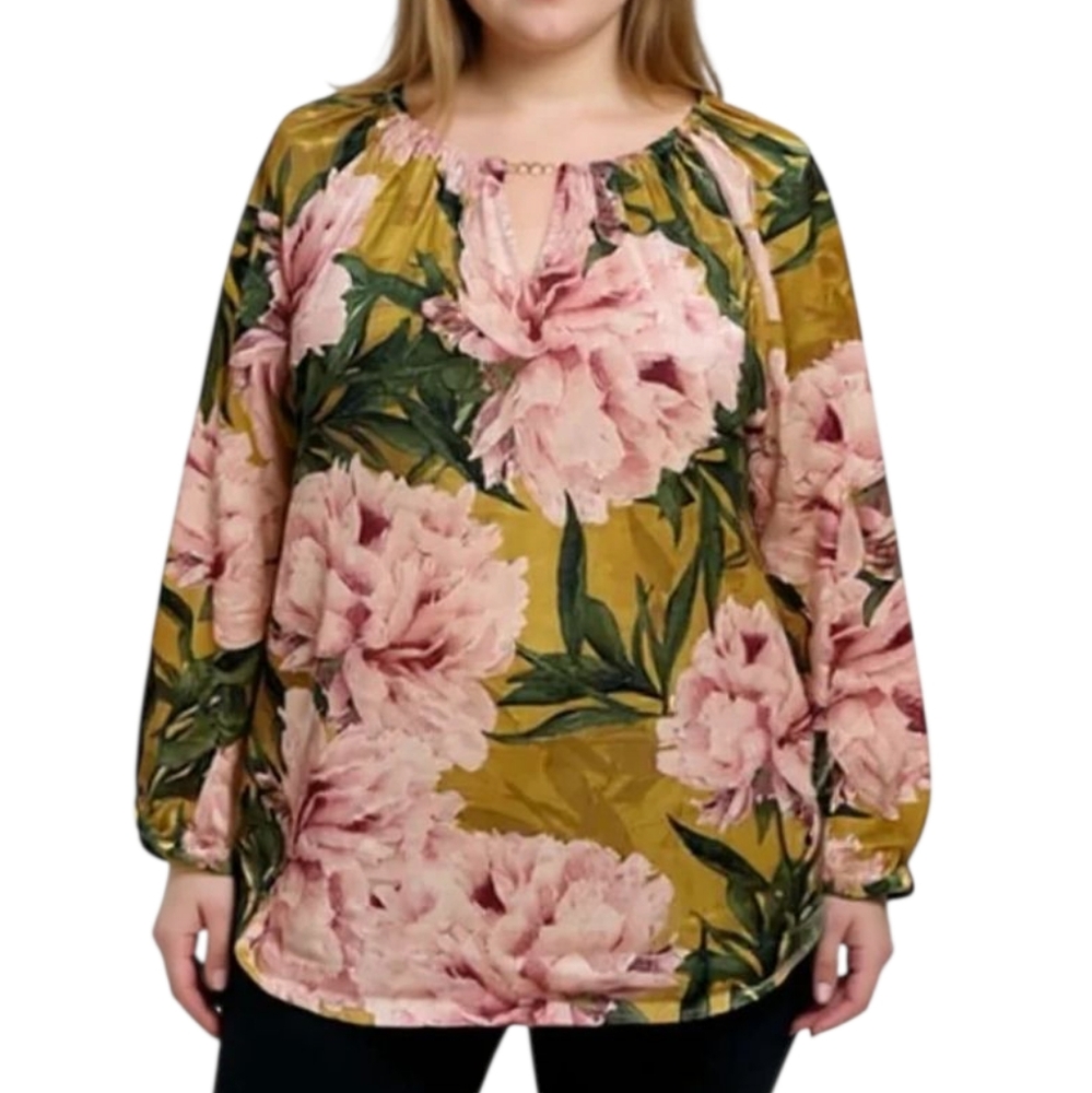 Chicos Peasant Sleeve‎ Tunic Top Yellow Pink Peony Floral Satin Flowy 3 Plus 16